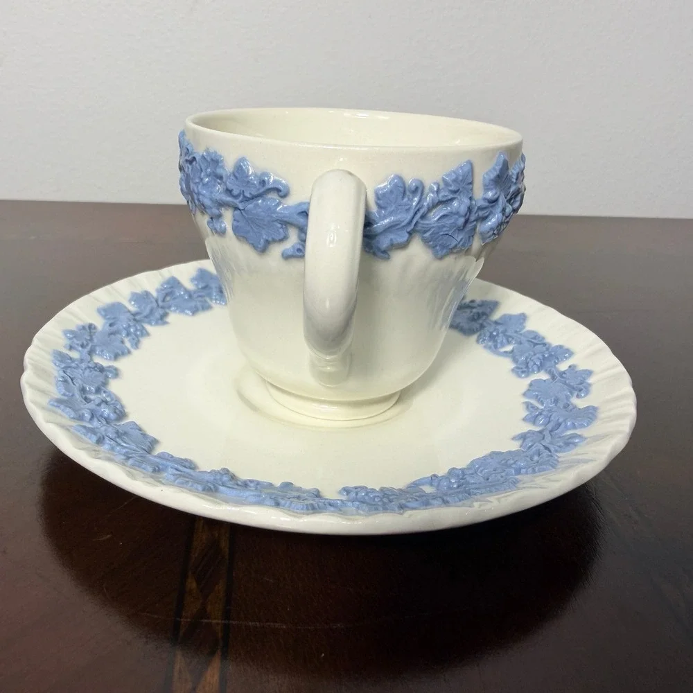 Vintage Wedgwood Queensware Blue Grapevine Tea Cup Saucer Grandmillennial Decor